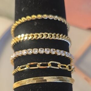 Alartan 14K Gold Plated Stack Bracelet Set with Clear Crystal Accents 5pc New